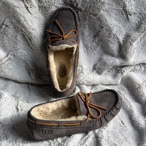 UGG Charcoal Moccasins with Camel Trim